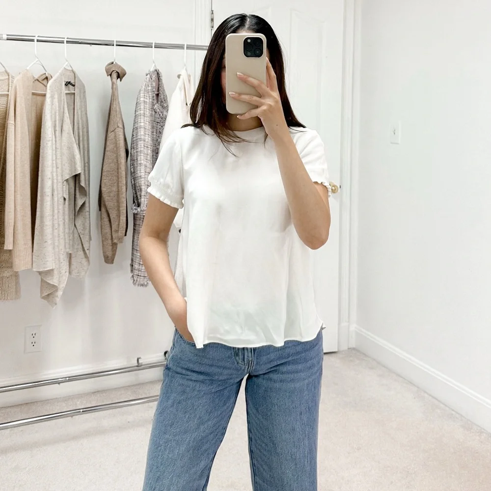 Cinq à Sept Lenny Short Sleeve 100% Silk Top in Ivory
